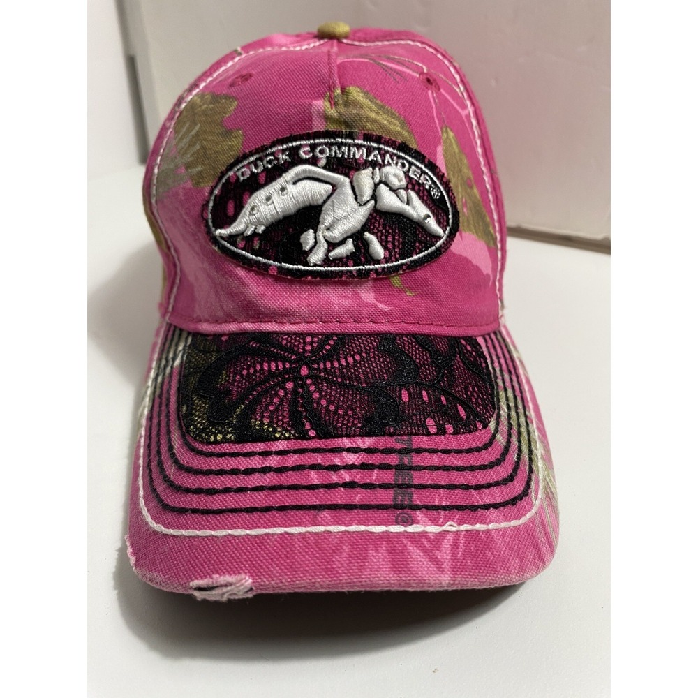 VTG Duck Commander‎ Pink Camo Hat Black Lace Overlay distress women's Adjustable - Picture 2 of 6